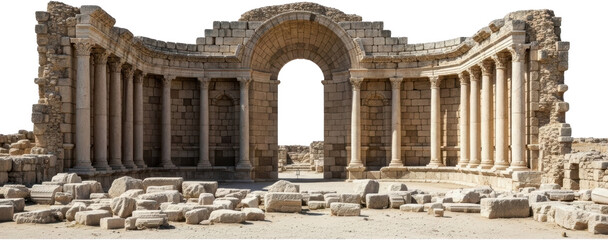 Ancient Roman theater ruins featuring a large central arched entrance and flanking colonnades with fallen stone blocks scattered across the foreground Architecture Archaeology Landmark
