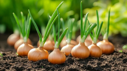 Man hands planting seeds of shallots into the ground