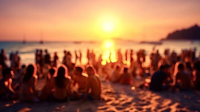 Beach party crowd celebrating sunset at golden hour