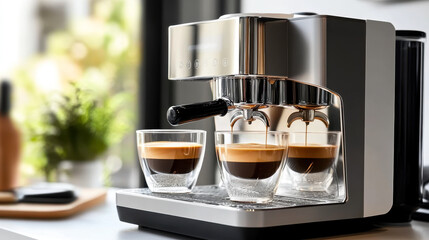 Coffee machine making latte on dark table