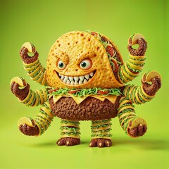 Funny monster made of burger and tacos on green background