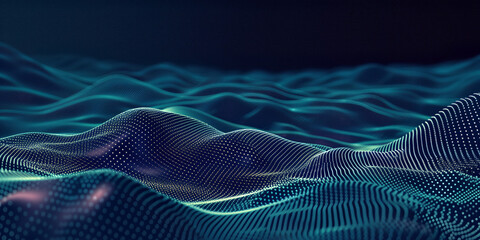 3D landscape of data and information flow. in black, blue and teal colours. Futuristic technology background suitable for IT websites, applications, presentations and digital interfaces.
