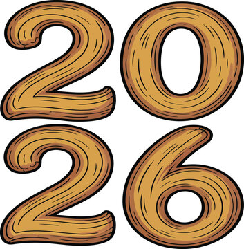 Cartoon Wooden 2026 Numbers Illustration in 2x2 Grid With Flat Design Style