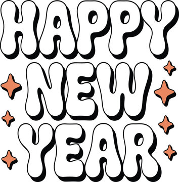 Retro 1970s Style Happy New Year Typography With Bubbly Letters and Star Accents
