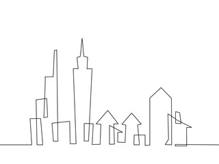 Minimal continuous one line illustration of a modern city skyline with various buildings and houses, drawn in clean black outline on white background, urban life and simplicity. Editable stroke