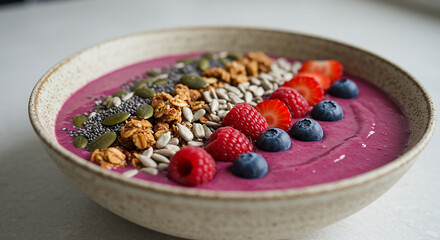 Artfully Arranged Acai Bowl with Mixed Berries, Granola, and Seeds in a Speckled Ceramic Bowl, Showcasing a Colorful and Nutritious Breakfast or Snack
