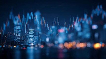 Dynamic financial graph overlayed on a blurred cityscape at night illustrates market trends and economic growth with vibrant blue and orange data points - Powered by Adobe