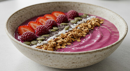Vibrant Acai Smoothie Bowl Topped with Fresh Berries, Granola, and Seeds in a Rustic Ceramic Bowl, Capturing Healthy Breakfast or Snack Concept with Artful Food Styling