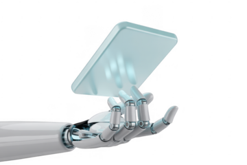 Robotic hand holding smartphone with blank screen technology isolated on a transparent background