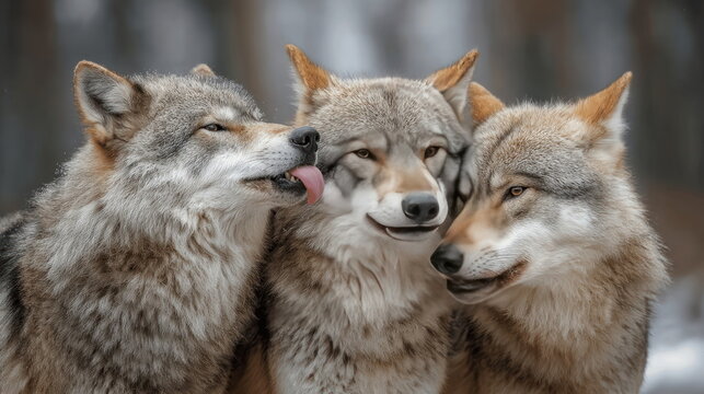 Three wolves interacting playfully in a snowy forest setting during winter season Generative AI
