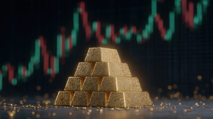 Gold bars stacked on a surface with stock market data in the background showing trends and movements Generative AI