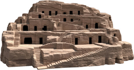 Ancient rock cut tombs and dwellings carved directly into a large sandstone cliff face featuring multiple tiered levels with numerous dark doorways and exterior stone stairways Rockcut tombs