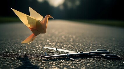 Origami bird flying over scissors on road at sunset