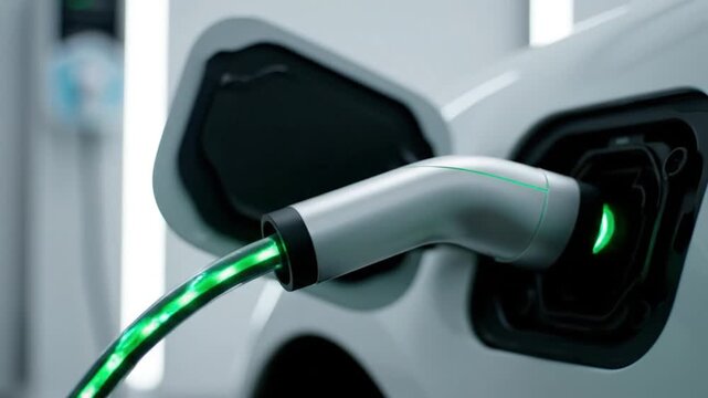 A captivating close-up shot reveals a modern electric vehicle (EV) receiving power at a charging station. The sleek, white automotive body highlights the future of sustainable transportation as the ch