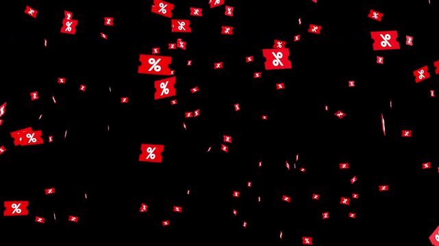 4K Animation of red discount coupons with percentage symbols falling against a black background
