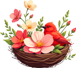 Red bird in nest with flowers illustration isolated on white background, spring nature clipart