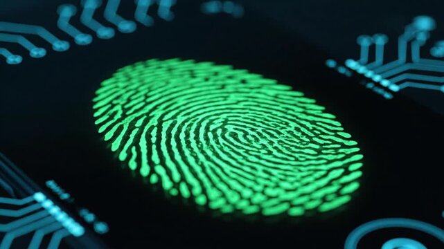 A captivating digital rendering showcases a vibrant blue fingerprint illuminated against a dark, abstract background patterned with glowing circuit board elements. This visually striking motion graphi