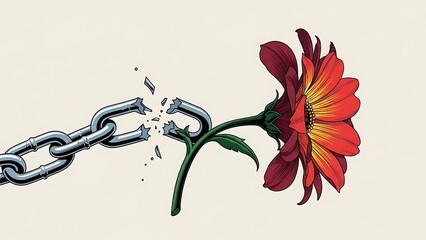 Vibrant flower breaks free from metal chain on beige background