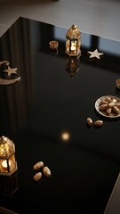 A black reflective surface with lanterns, star decorations, and a plate of dates.