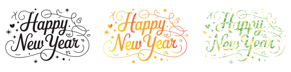 Elegant happy new year typography designs in various festive styles for celebration © MdRakinMahtab