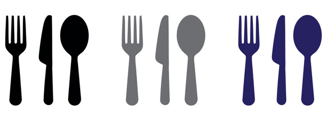 Colorful silhouette cutlery set: fork, knife, and spoon icons in various shades