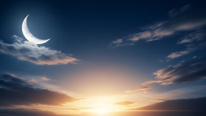 Crescent moon shines in the night sky during sunset with scattered clouds and a bright sun