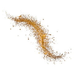 Golden geometric glitter particles swirling on white background