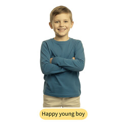 Portrait of a smiling young schoolboy standing in a studio wearing a casual shirt and backpack, showing a happy childhood expression