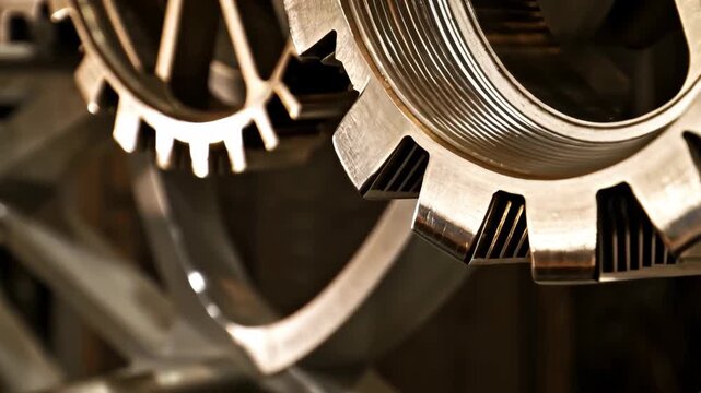 Close-up of metallic cogs and gears showcasing precision engineering and mechanical design. the interlocking components highlight themes of industry, machinery, teamwork, and innovation.