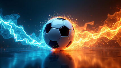 A soccer ball radiates blue and orange energy streams&mdash;evoking power, motion, and the clash of forces.
