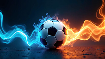 Naklejka premium A soccer ball pulses with blue and orange energy waves—evoking intensity, motion, and the thrill of rivalry. 
