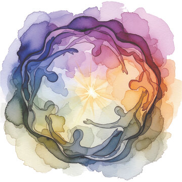 A vibrant watercolor illustration of interconnected figures forming a circle of community and light
