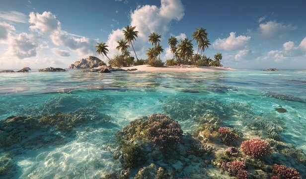 A tropical island with clear blue water and colorful fish, split into two parts by the ocean's surface. the top part features palm trees on an islet in front of it.