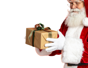 Santa Claus hand holding a Christmas present on a red background