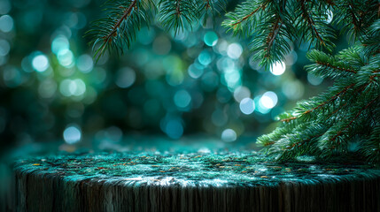 Evergreen Branches Over Mossy Wood with Soft Green Bokeh Background