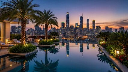 Luxury poolside view overlooking a vibrant cityscape at twilight