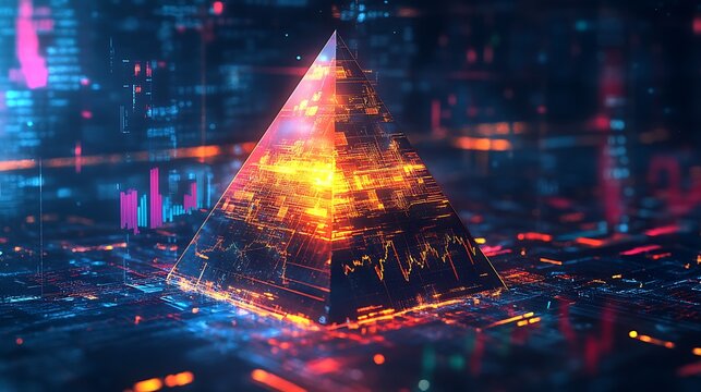 Abstract glowing pyramid on a digital data background for technology concepts