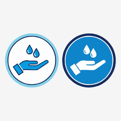 Two circular icons, each featuring a hand extended with two water droplets falling into the palm, symbolizing hygiene, cleanliness, and handwashing for health and safety purposes