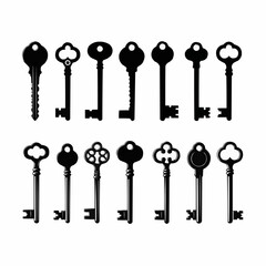A comprehensive collection of diverse vintage key silhouettes, showcasing an extensive assortment of antique metal unlocking devices presented in a unified black iconographic style