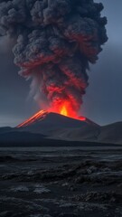 Volcano erupting with large plume of ash and lava flowing down its slope at dusk or dawn.