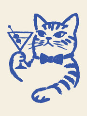 Cat Holding Cocktail Doodle Outline Icon Vector Illustration