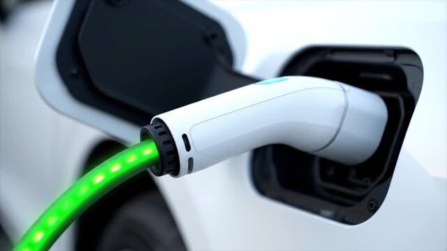 A close-up view captures a sleek electric vehicle being powered, with a modern white charging plug securely connected to its port. The cable emits a vibrant green glow, visually symbolizing energy tra