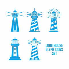 A meticulously crafted collection of diverse lighthouse glyph icons, ideal for maritime projects, coastal designs, navigation systems, and ocean-inspired branding, symbolizing guidance, safety, and 