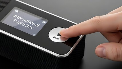Hand pressing play on radio for International Radio Day broadcast