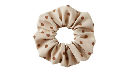 A beige and brown polka dot scrunchie isolated perfect for hair accessories on transparent background.