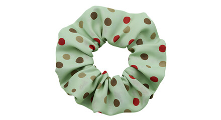 A vibrant green and polka dot scrunchie perfect for hairstyles on transparent background.