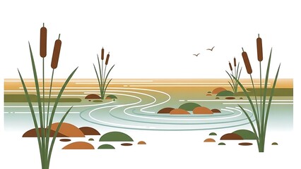 Serene landscape with cattails and winding river at sunset