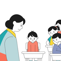 Fototapeta premium Teacher interacting with sad students in classroom setting depicting Bullying & Social Exclusion 