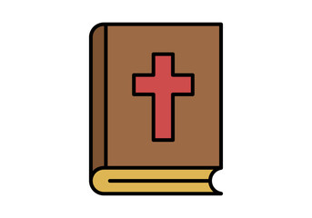 Fototapeta premium Libro sagrado de la biblia con tapa marrón y una cruz roja en la portada sobre fondo blanco