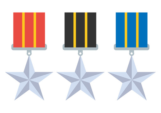 Conjunto de medallas militares de plata con forma de estrella y cintas de colores rojo negro y azul